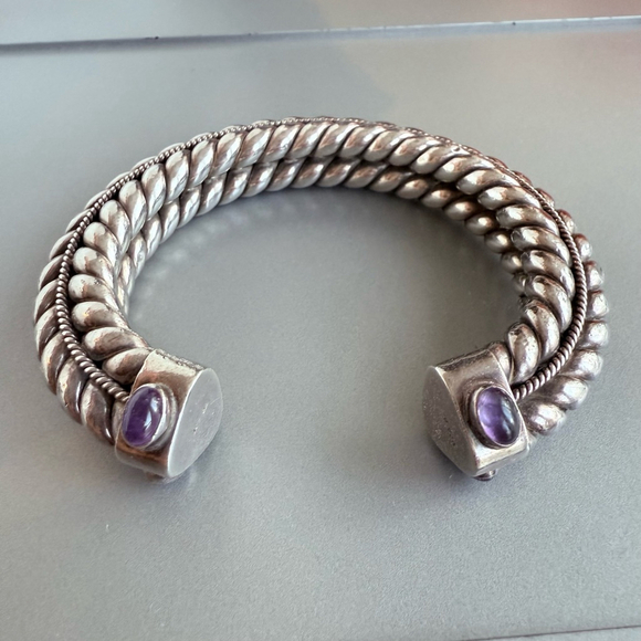 Suarti Bali BA Sterling Silver 925 Amethyst Cabochon HEAVY Cuff Bracelet - Picture 2 of 10